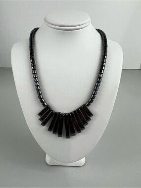 Vintage Hematite Graduated Fringe Statement Necklace - Dark Gray Gunmetal